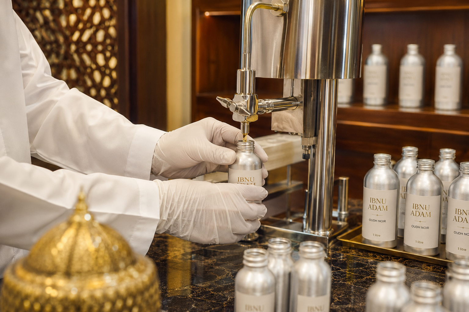 Gloved hands filling Ibnu Adam perfume oil bottles
