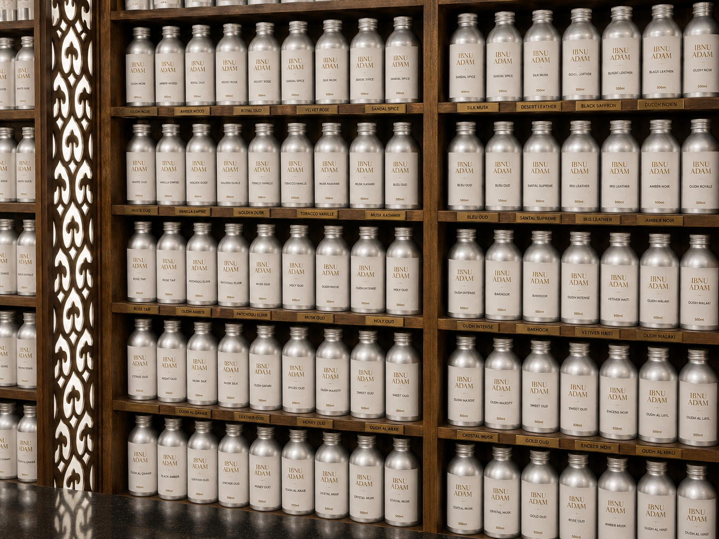 Ibnu Adam perfume oil bottles displayed on wooden shelves